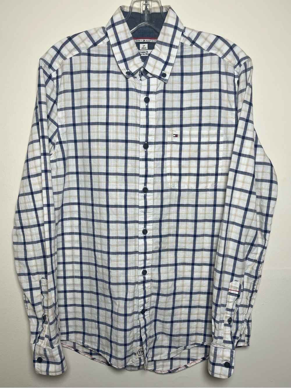 Men's Tommy Hilfiger NWOT White and Navy Cotton Plaid Button-Down Shirt Size S